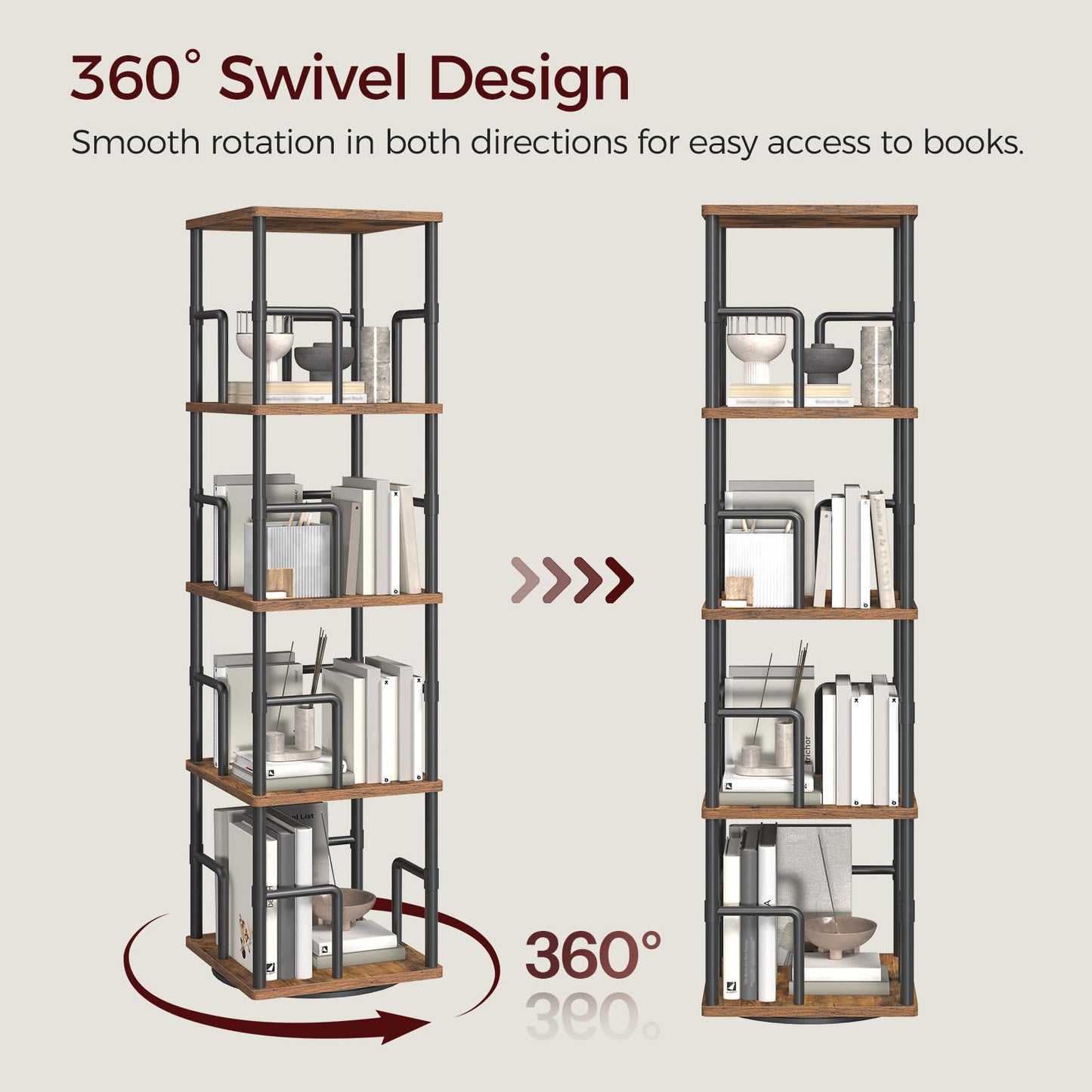 MAHANCRIS Rotating Bookshelf, 4-Tier Spinning Bookcase, 360° Revolving Bookcase, Storage Turning Shelf with Rails for Corner, Living Room, Bedroom