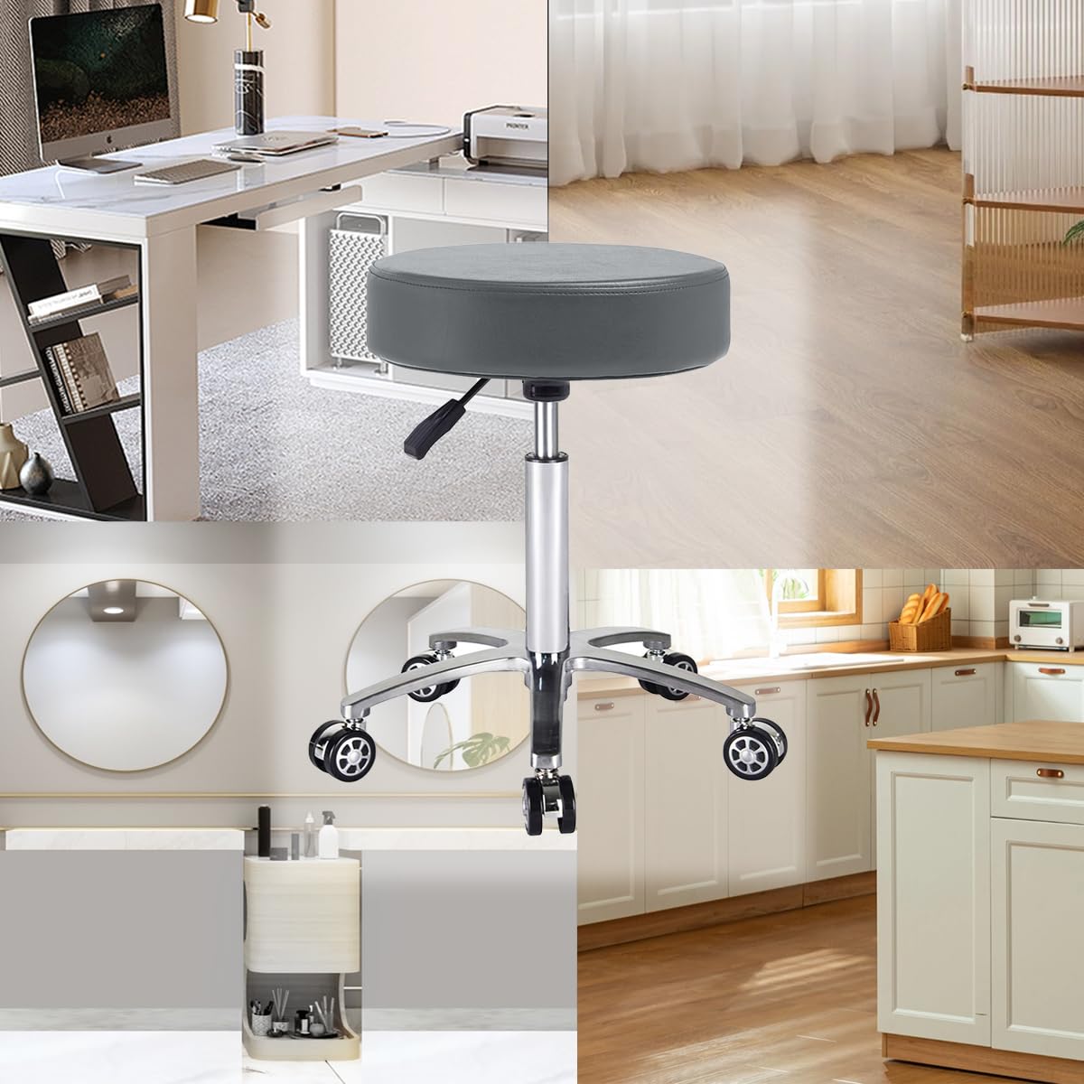 Antlu Massage Stool Chair on Wheels for Beauty Kitchen Salon Home Office, Adjustable High Rolling Swivel Stool (Grey)
