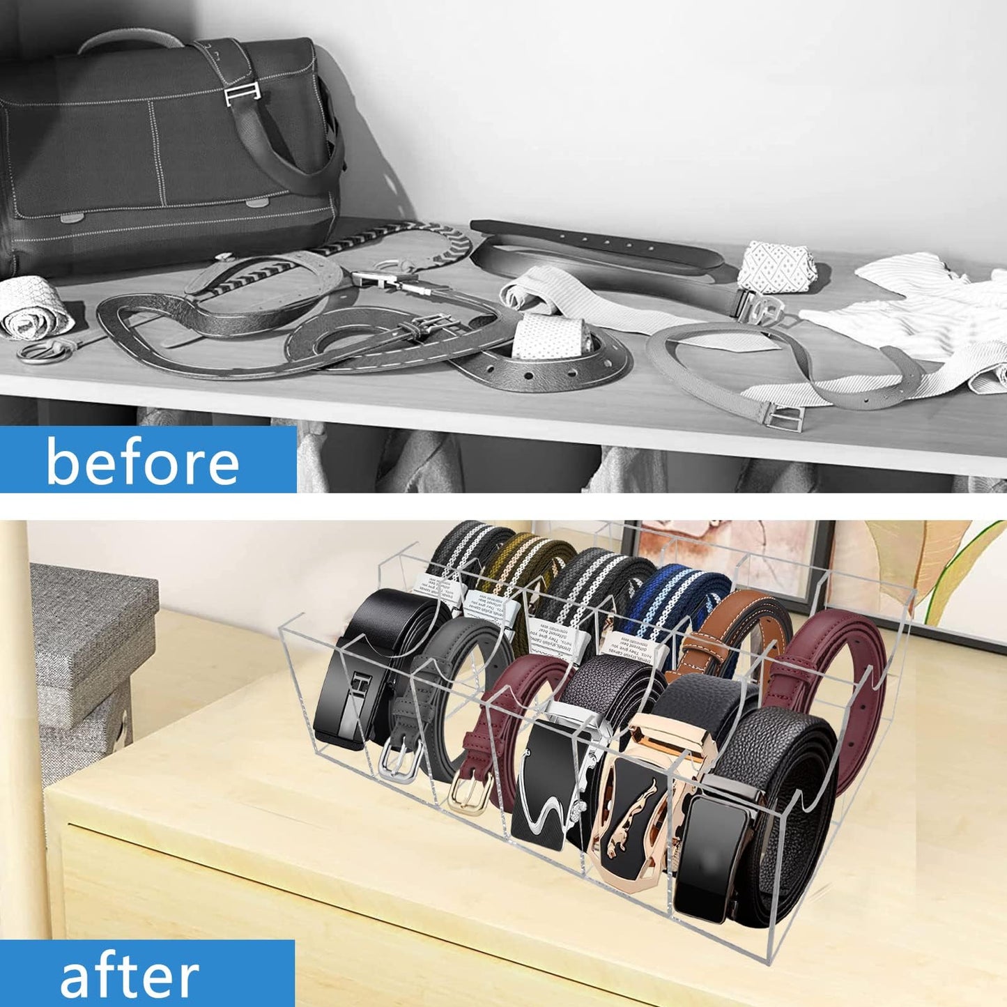 YEXEXINM Acrylic Belt Organizer, 12 Compartments Belt Storage Holder, Clear Belt Display Storage Box