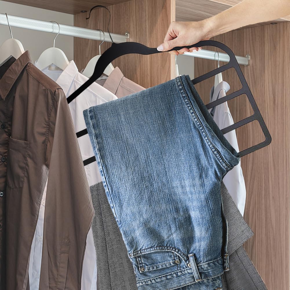6 Pack Velvet Trouser Hangers, Space Saving Hangers for Clothes, Non-Slip Pants Hanger Jeans Hangers Multi Bar Clothes Hanger Closet Organizers