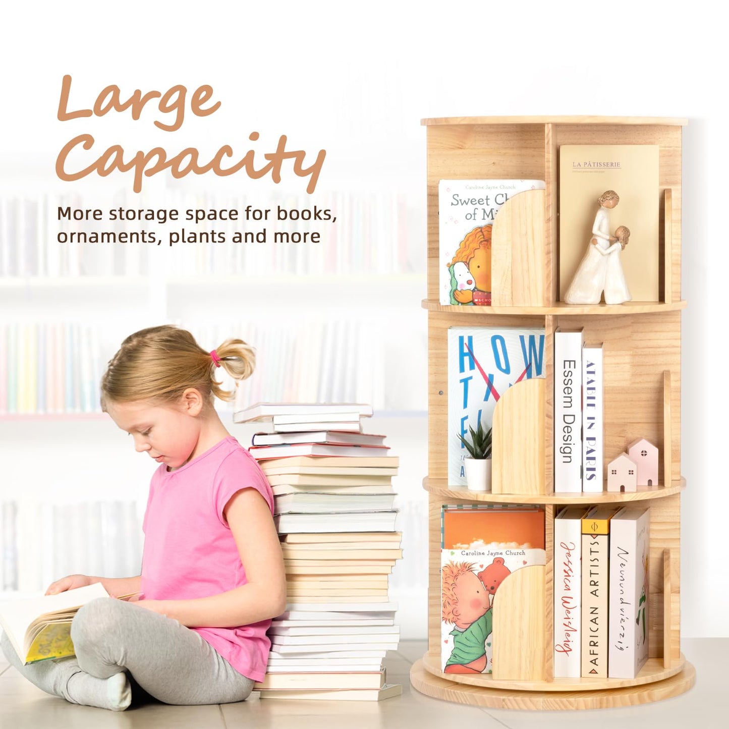 OOOK Solid Wood Rotating Bookshelf, 360 Degree 3 Tier Children's Revolving Bookcase, Kids Bookshelf for Small Space, Kids Room, Study, Nursery