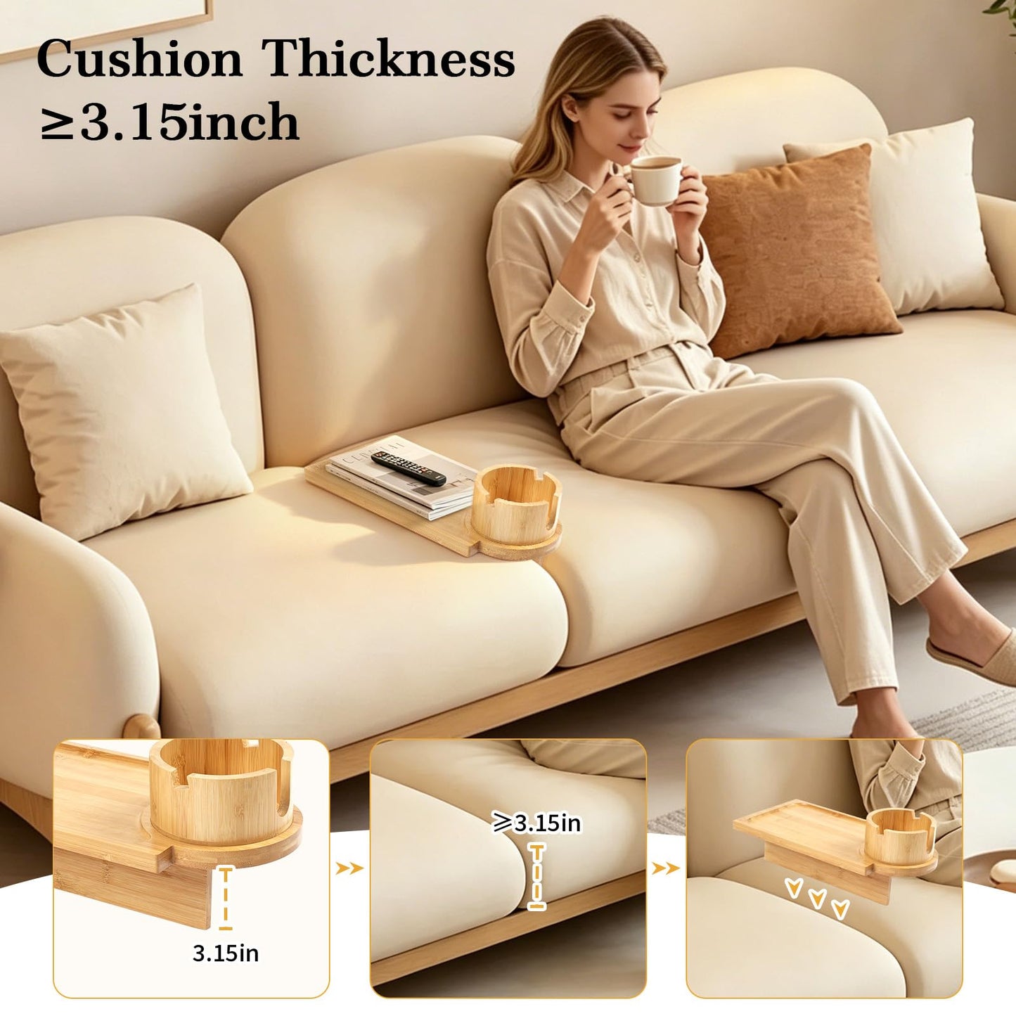 comfoyar Bamboo Couch Tray Insert for Middle Seat, Couch Gap Cup Holder Tray with 360° Rotating Cup and Phone Holder