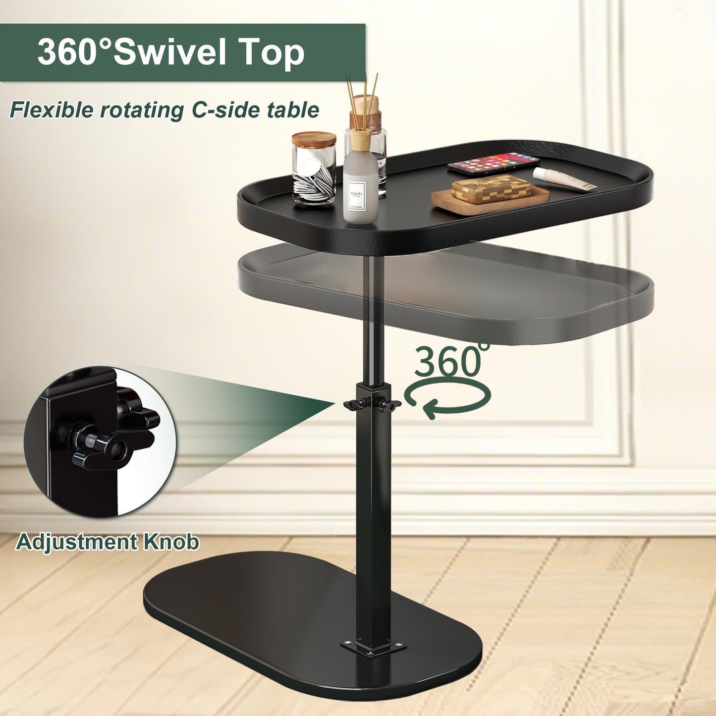 Adjustable Height C Shaped Side Table, Lift up Laptop Tv Tray for Sofa and Bedside, 360°Swivel Small Coffee C Table, Modern Under Sofa Table