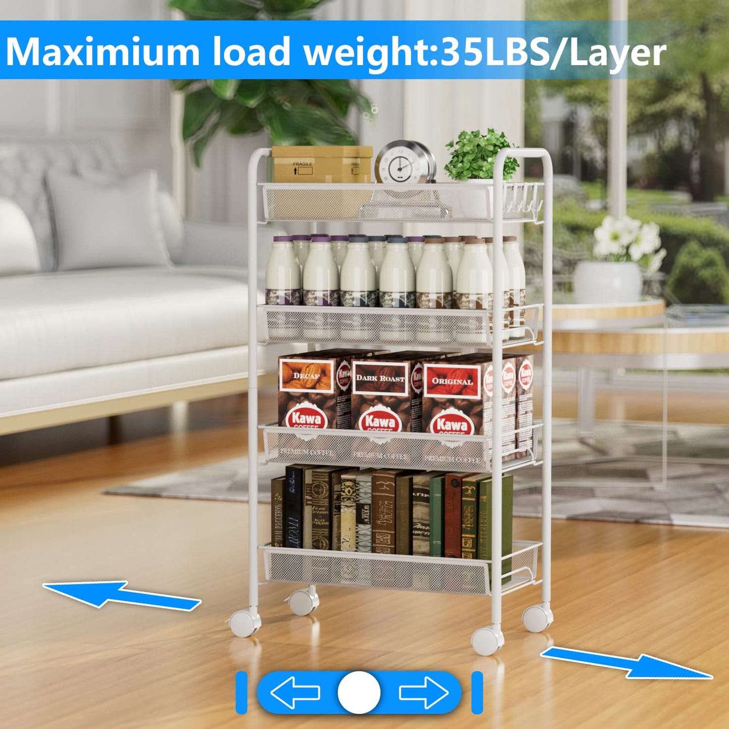 4 Tier Mesh Wire Rolling Cart, Kitchen Storage Organizer Utility Cart, Full Metal Basket Storage Art Trolley Carts with Wheels & 4 Side Hooks