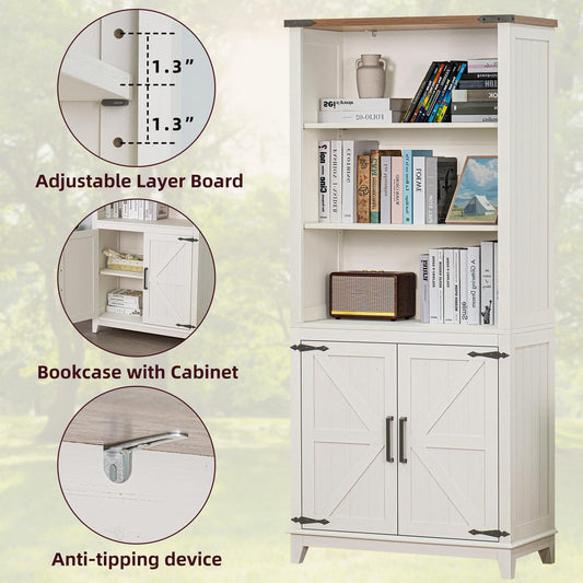 LELELINKY 70in Tall Bookshelf 5 Tier Bookcase with Barn Doors and Adjustable Shelves, White Farmhouse Book Shelf with Storage Cabinet