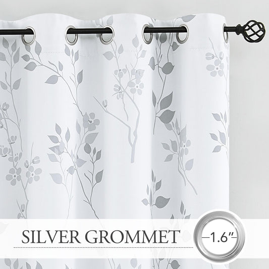 Beauoop Grey Floral Blackout Curtains for Living Room Bedroom 90 Inch Drop Leaf Print Eyelet Curtain Botanical Thermal Insulated Noise Reducing Drapes