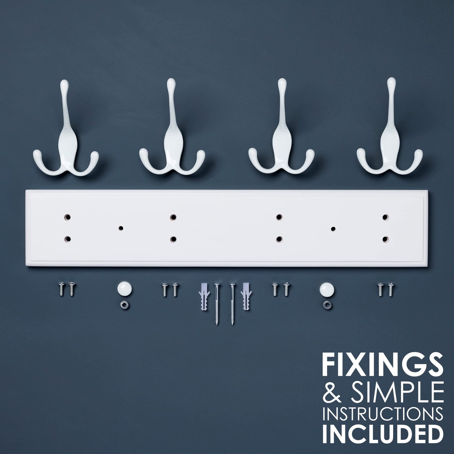LARHN White Wall-Mounted Coat Rack - 4 White Coat Hooks, 42cm