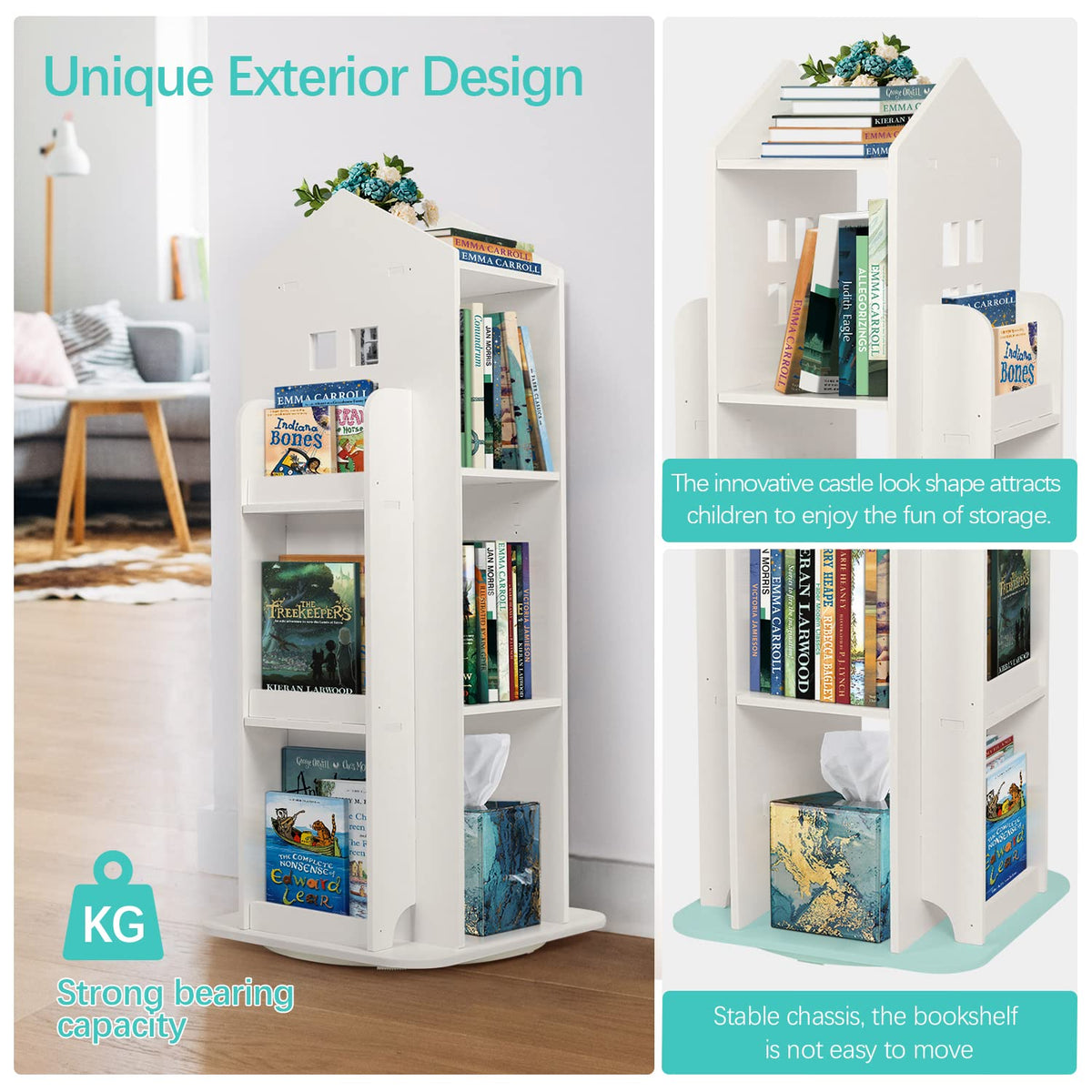 petour 3-Tier Rotary Bookshelf Childrens Bookcases, White