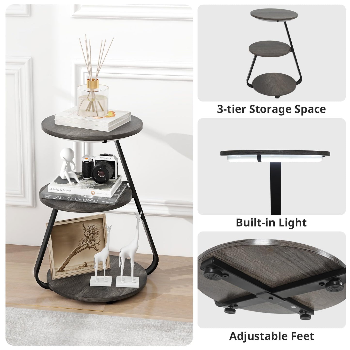 ARTETHYS Side Table, Small Round Coffee Table, Grey