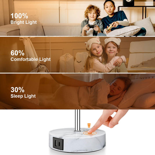 Wondlumi Bedside Lamps Set of 2, Touch Lamps Bedside with 3 Way Dimmable and 2 USB Charging Ports, Bedside Table Lamp with Marble Color Base and White