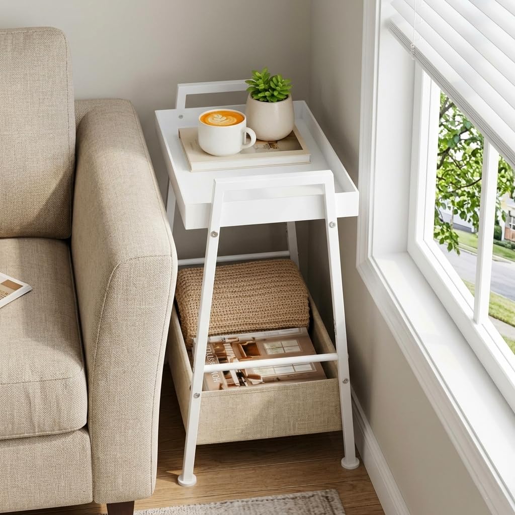 ZEXVIDA Small End Table with Fabric Storage Basket, 2-Tier Modern Metal Side Table with Tray Top