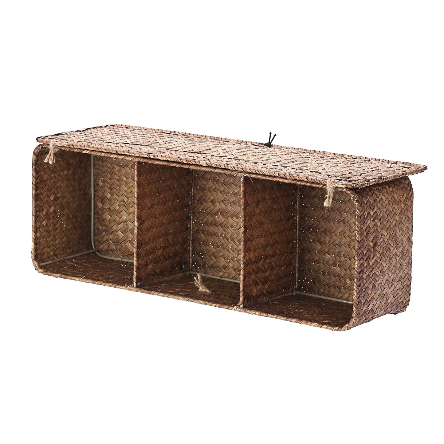 IGNPION 3-Compartment Seagrass Storage Baskets with Lid Woven Seagrass Desktop Basket Bathroom Storage Organiser Box