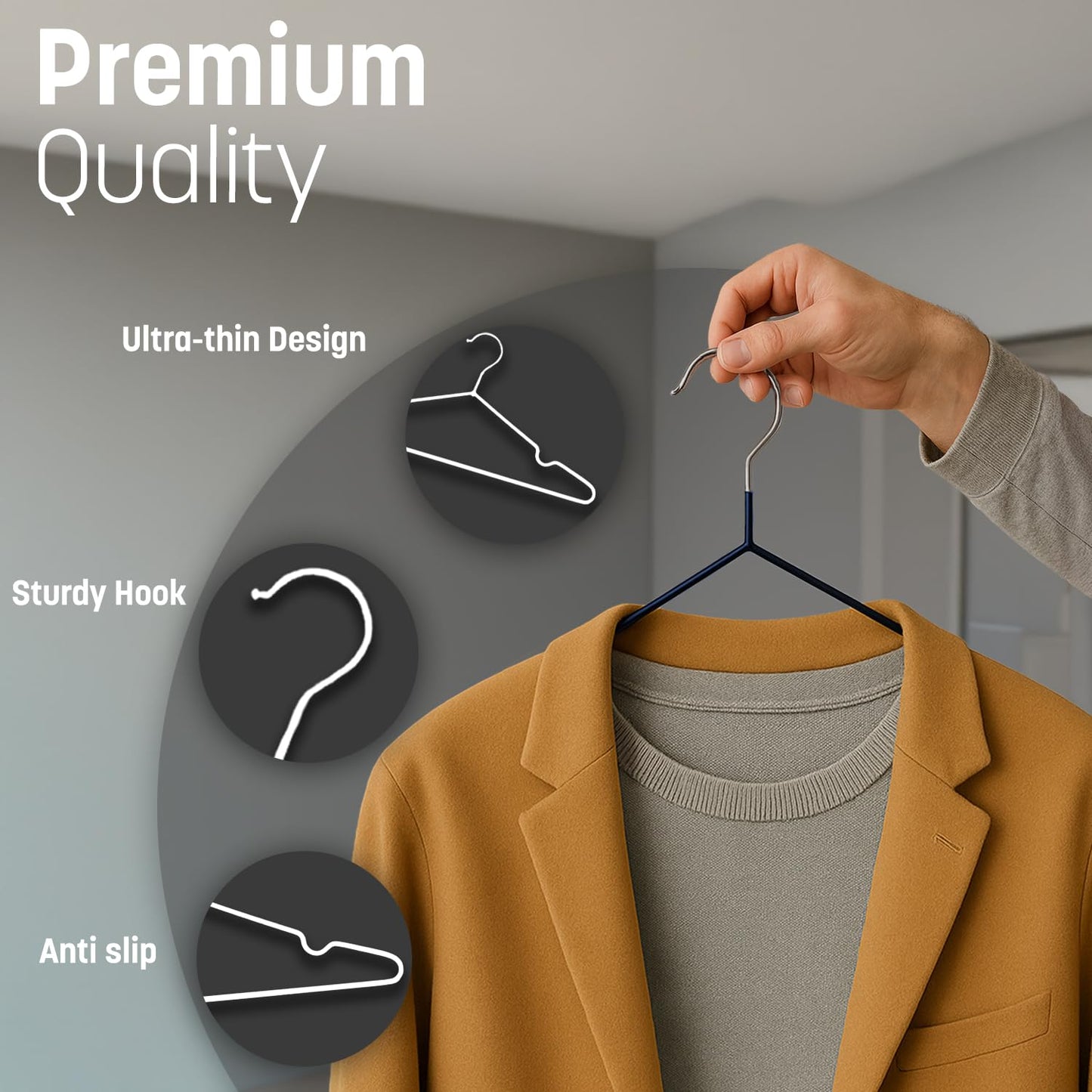 KEPLIN 20x Premium Rubber Coated Metal Hangers - Heavy Duty - Space Saving Organiser Clothes Hangers For Wardrobes Coat Rack Rails(Navy Blue)