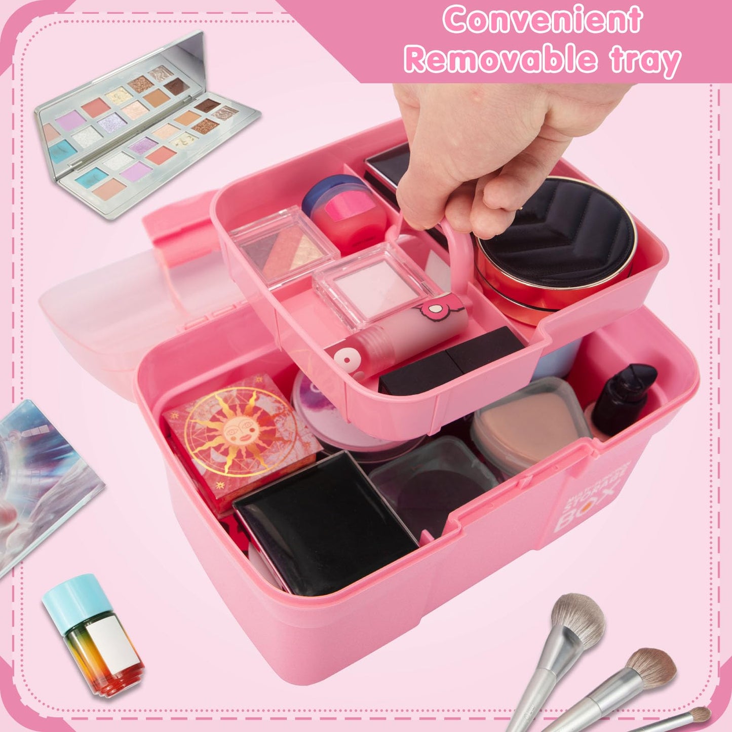 Creahaus 11in Multipurpose Storage Box with Removable Tray, Plastic Small Storage Box with Handle, Portable Art Craft Organizer Case for Sewing