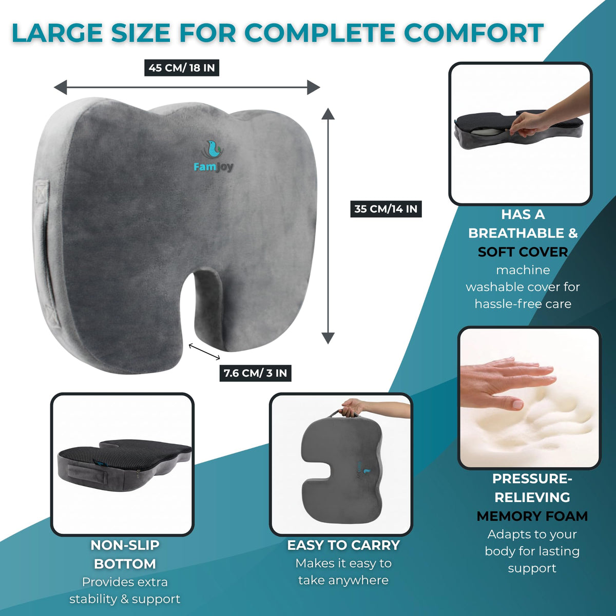 Famjoy Memory Foam Seat Cushion – Ergonomic U-Shaped Support for Back, Hip & Tailbone Pain Relief – Washable Non-Slip Cover – Grey