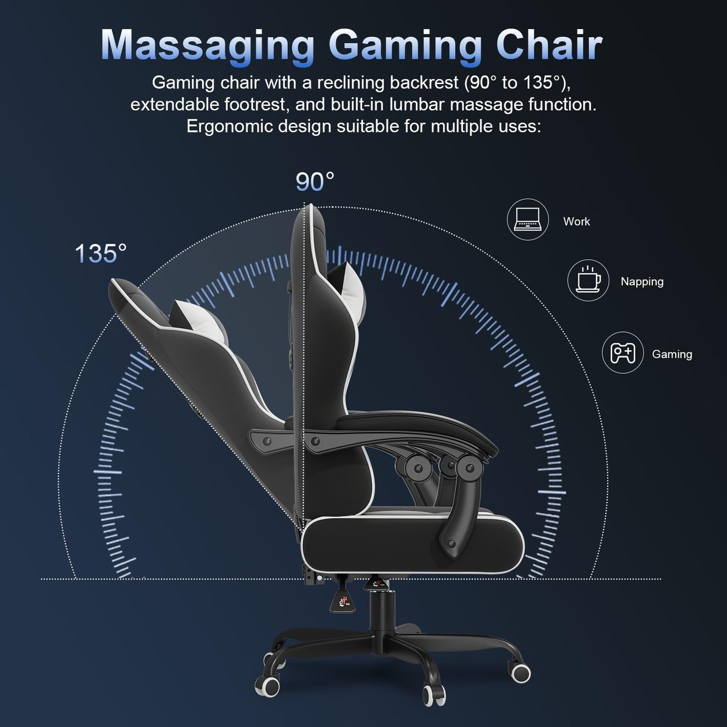 JUMMICO Office Chair with Massage Function,Racing Desk Chair Style High Back Reclining 135°, PU Leather Home Office PC Gaming Chair 150 kg
