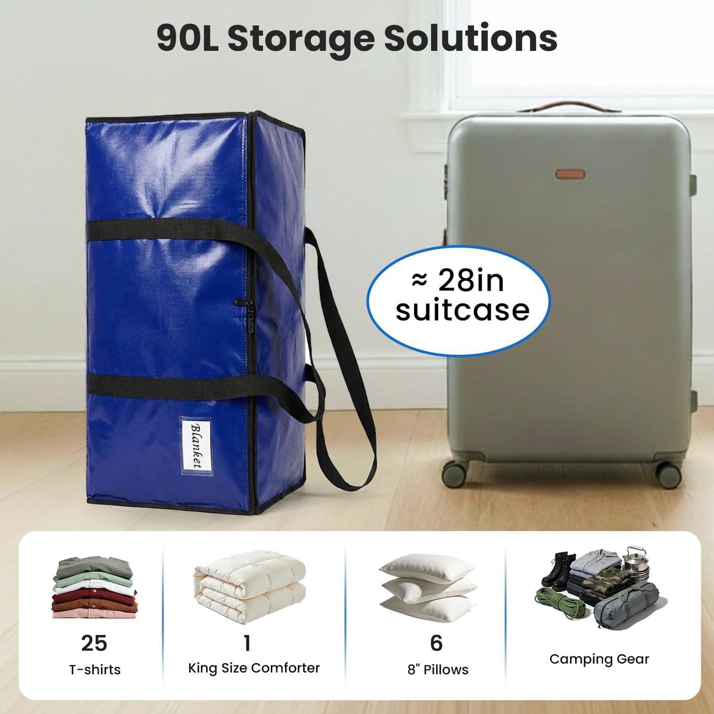 RICHER HOUSE 90L Heavy Duty Moving Boxes, Clothes Storage Bags, 4 Pack,Blue