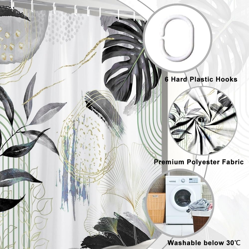 Uiiooazy Anti-Mould Shower Curtain, Narrow Shower Curtain 90 x 180 cm, Black Tropical Palm Leaves Jungle Small Bath Curtains Washable Waterproof