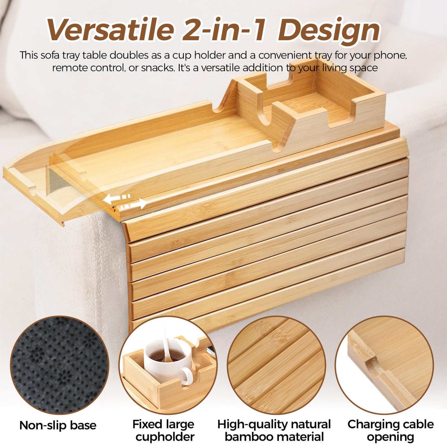 Refein Sofa Arm Tray with Cup Holder - 2-in-1 Foldable