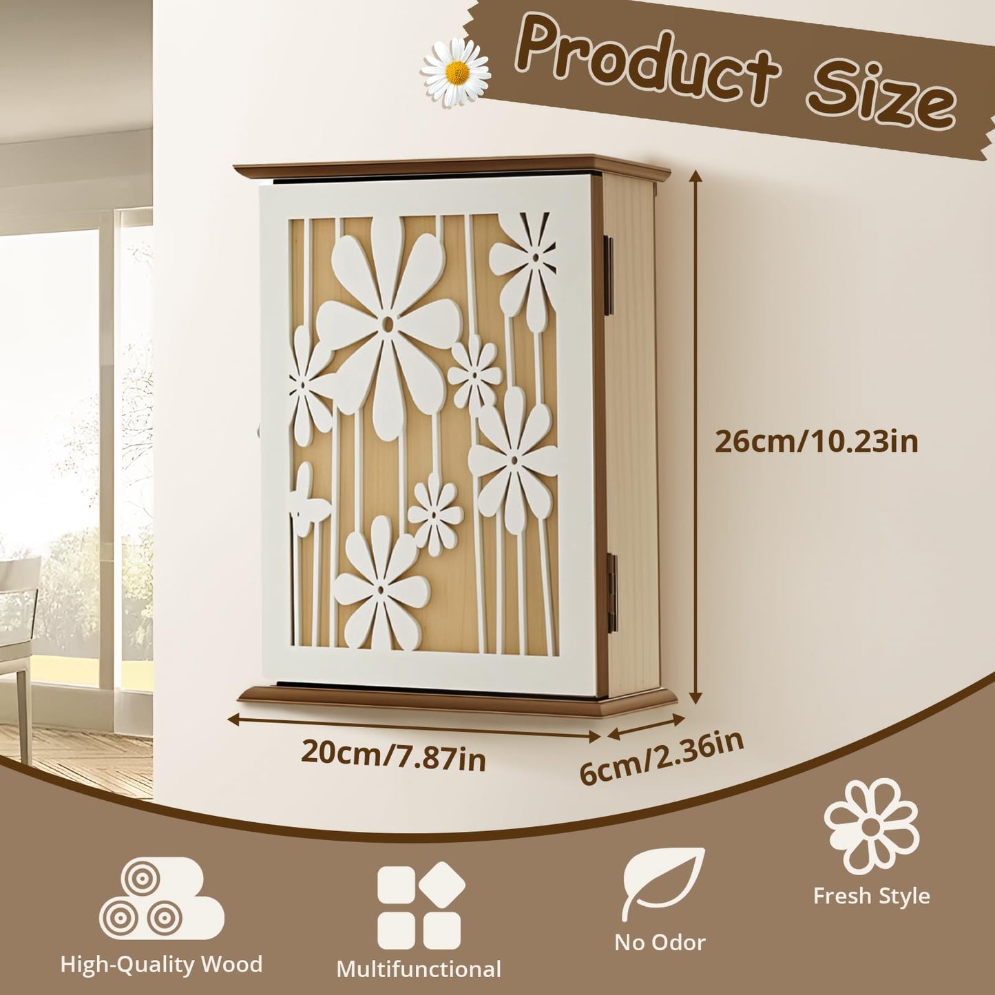 Wooden Key Cabinet, Elegant Daisy Wood Key Cupboard Wall Mounted Vintage Wooden Key Storage Box 26 × 20 × 6cm with 6 Hooks to Store Jewelry & Small