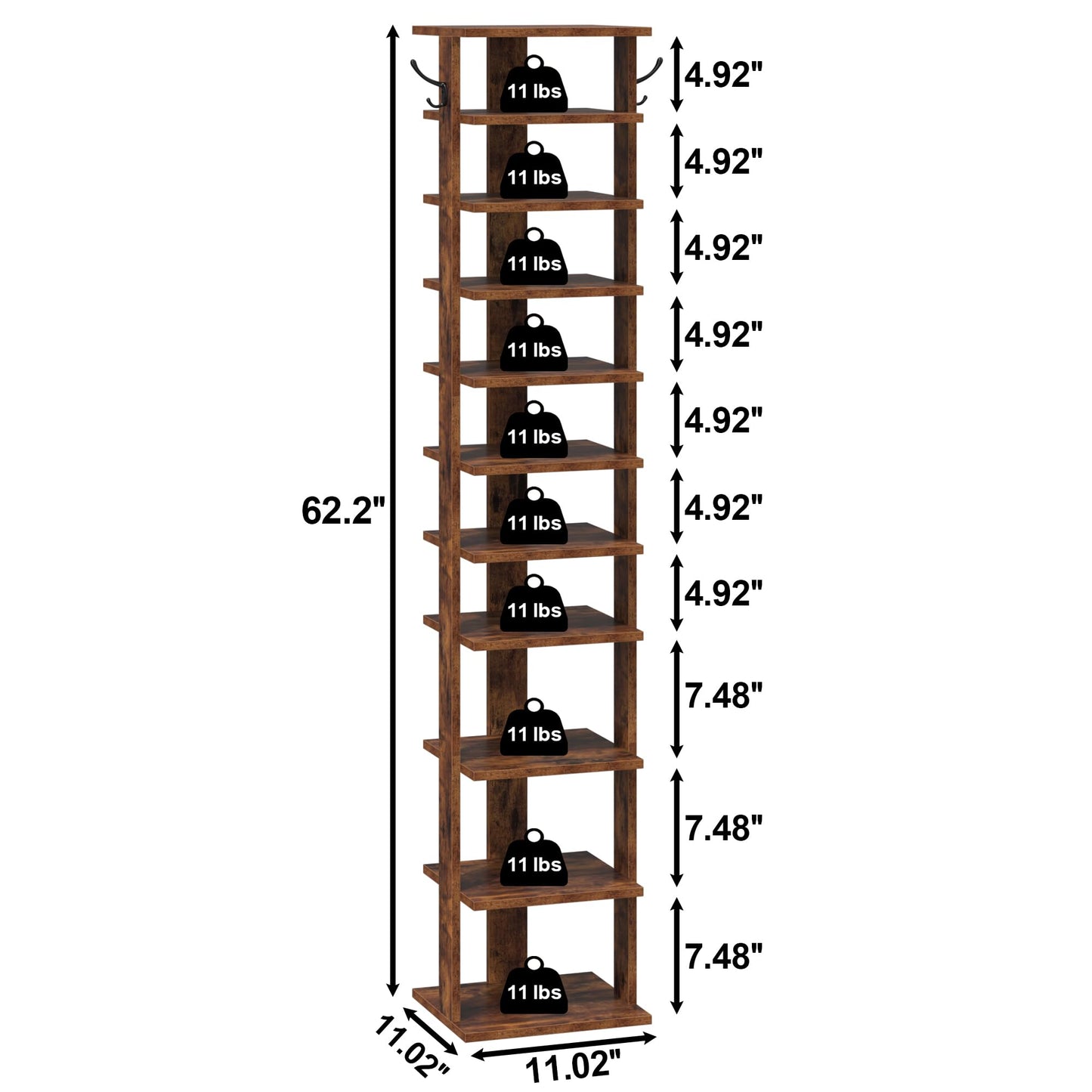HOME BI 11-Tier Vertical Shoe Rack, Corner Shoe Tower, Slim Shoe Organizer with Two Hanging Hooks, Wooden Shoe Storage Stand for Entryway, Hallway