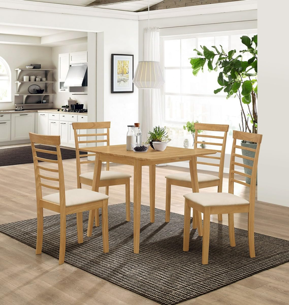 Hallowood Furniture Ledbury Small Dining Table Set for 4, Drop Leaf Table and Chairs in Ladder Back and Cream Fabric Padded Seats, Light Oak Dining