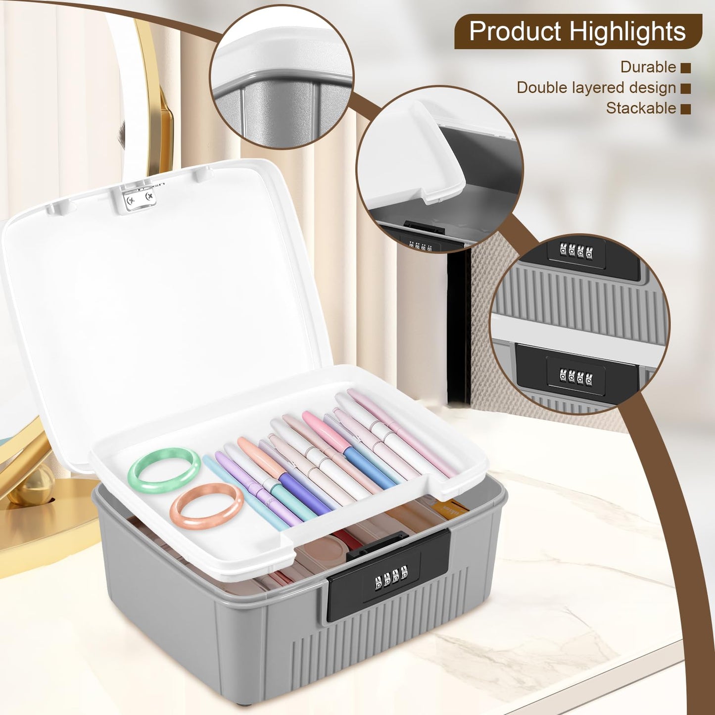 Dandelionsky Lockable Box Large Medicine Box with Combination Lock, 25×20×10cm Fridge Box with Built in Removable Tray