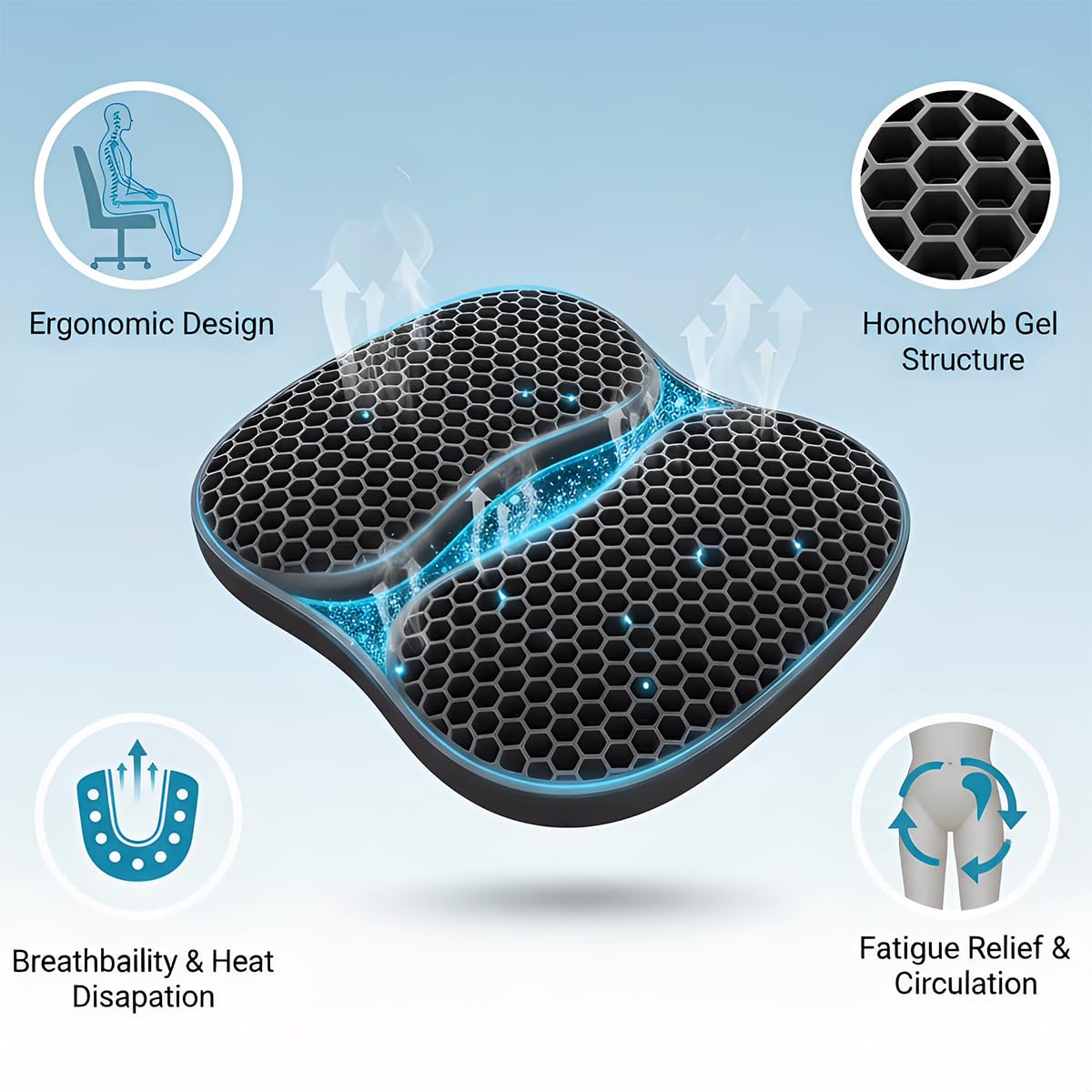 masteymoh Foldable Honeycomb Seat Cushion, Small Portable Gel Seat Cushion for Travel, Butt Pillow for Back Pain Relief, Sciatica Black