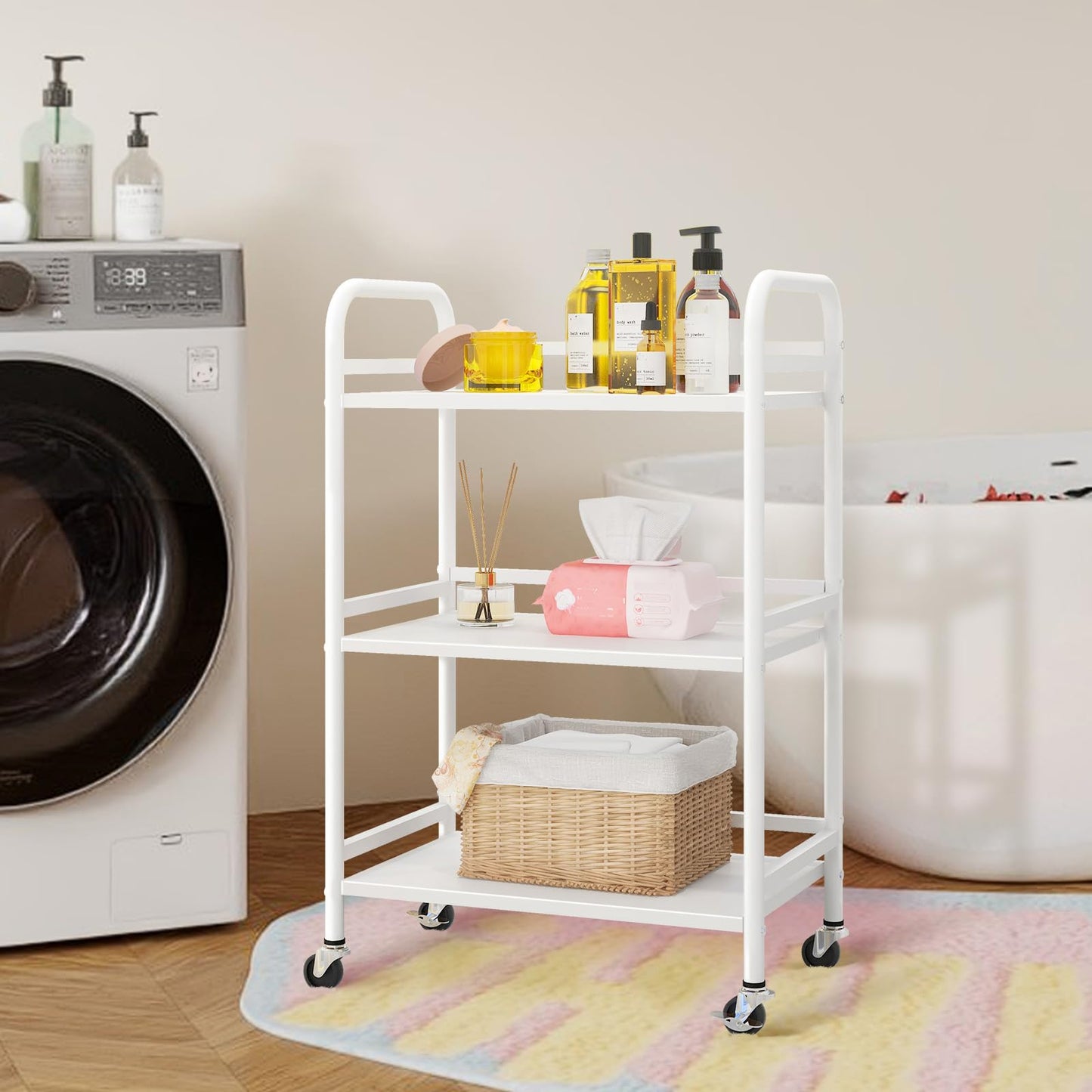 HDANI 3-Tier Rolling Cart,Kitchen Storage Trolley Car,Metal Utility Shelves with 2 Lockable Wheels for Home,Office,Bathroom,Bedroom