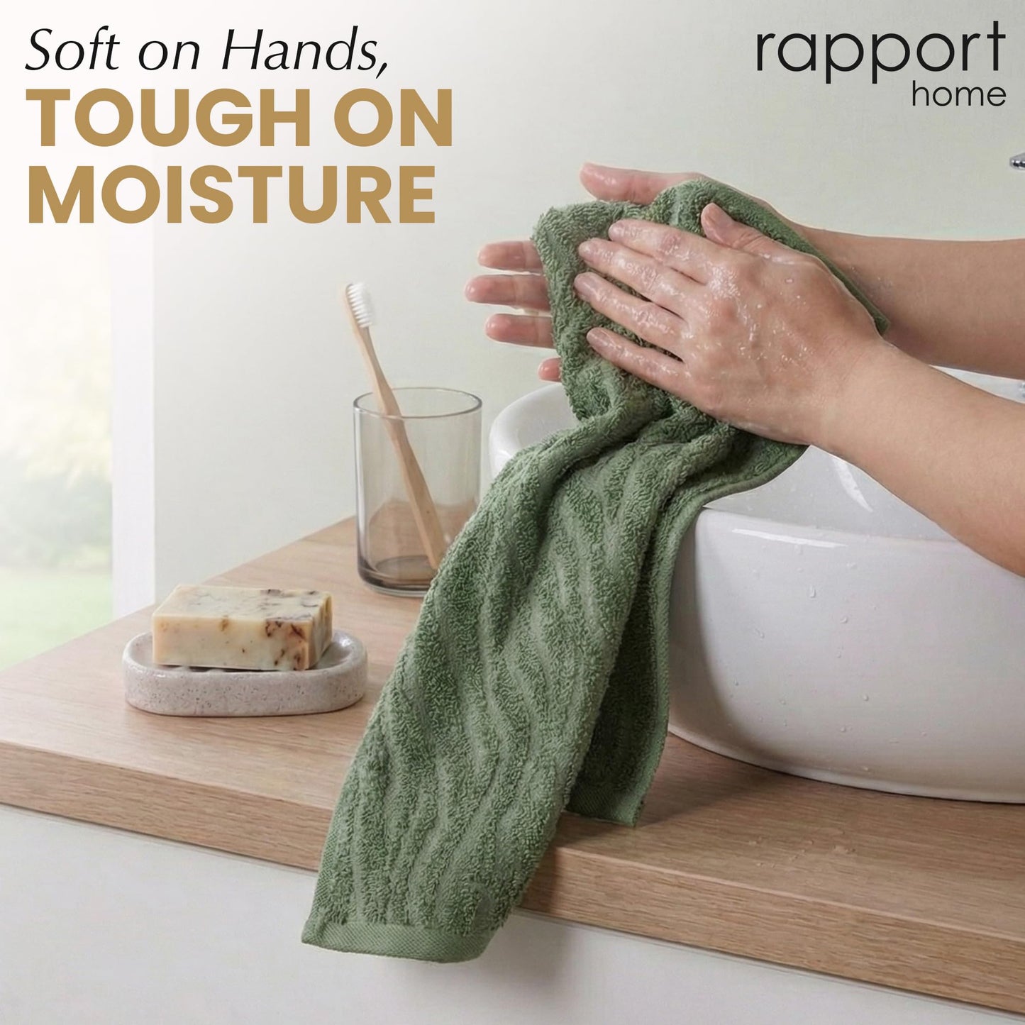 Rapport Home 2-Pack Safari Hand Towels | Forest Green | 50x85cm 100% Cotton 500GSM | Absorbent & Soft Bathroom Towel Set | Oeko-Tex Certified