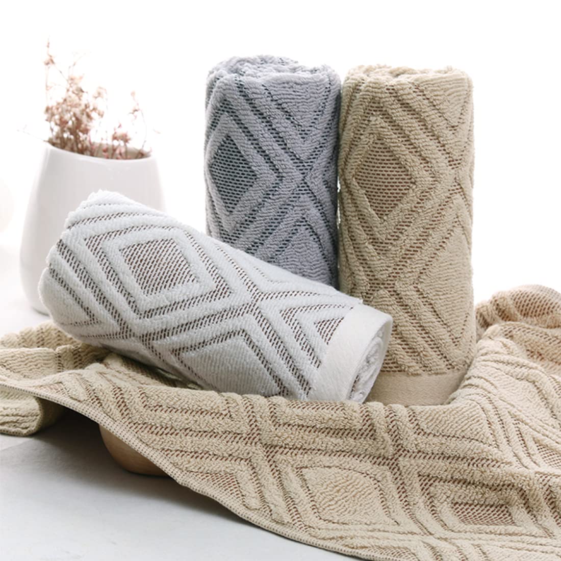Pidada Hand Towels Set of 4 Diamond Pattern 100% Cotton Absorbent Soft Decorative Towel for Bathroom Beige Brown