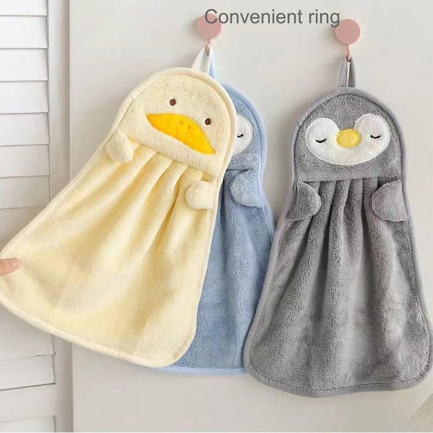 Qinsky Cute Animal Hand Towels, 3Pcs Soft Coral Fleece Microfiber Hand Towels, Super Absorbent, Quick Dry, Blue, Grey, Yellow