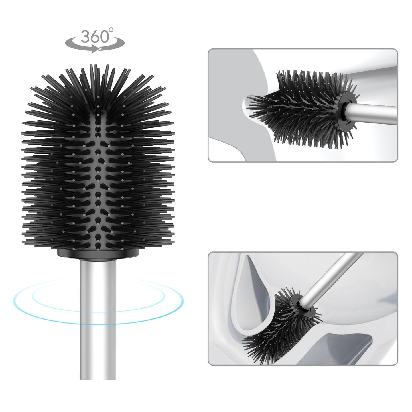 WAVEWO Silicone Toilet Brush with 2 Brush Heads, 7 cm Diameter Toilet Brush Made of 304 Stainless Steel for Bathroom Cleaning (Silver)