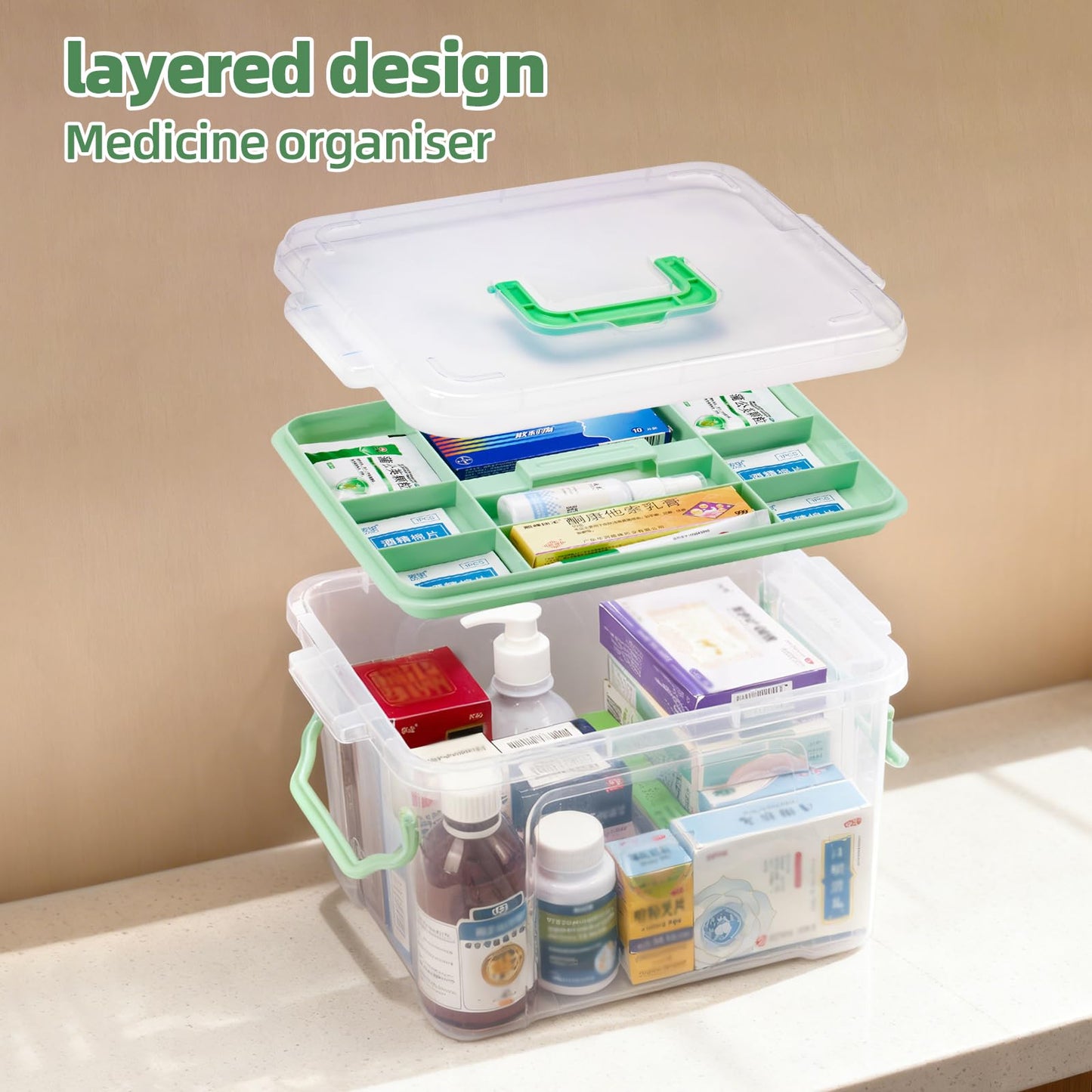 Nymblis Medicine Storage Box with Lid, Double Layers Medication Box, Green