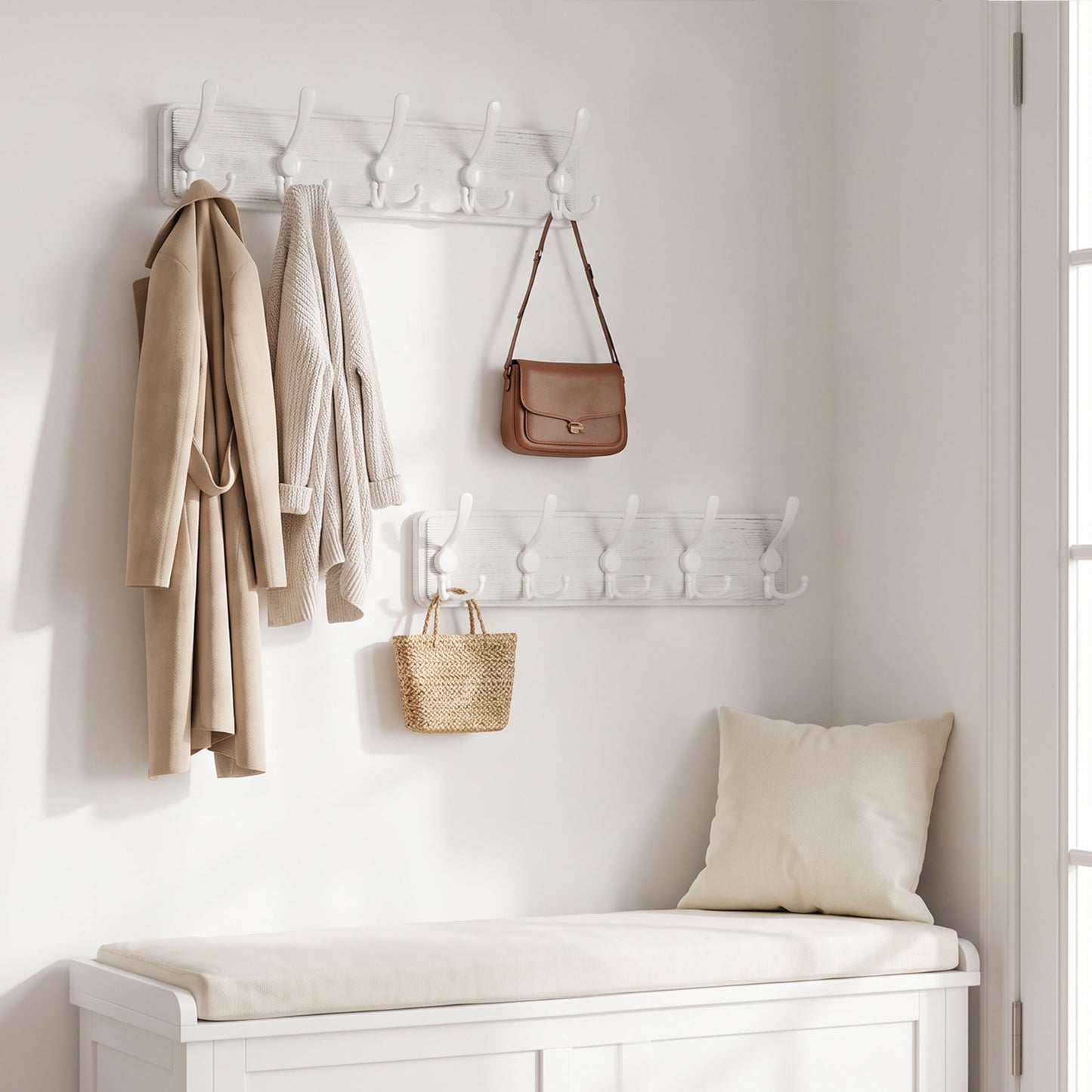 WEBI Coat Rack Wall Mounted,Wood Coat Hooks Wall Mount,16" Hole to Hole,Coat Hanger Wall Hook Rack Rail,5 Triple Hooks for Hanging