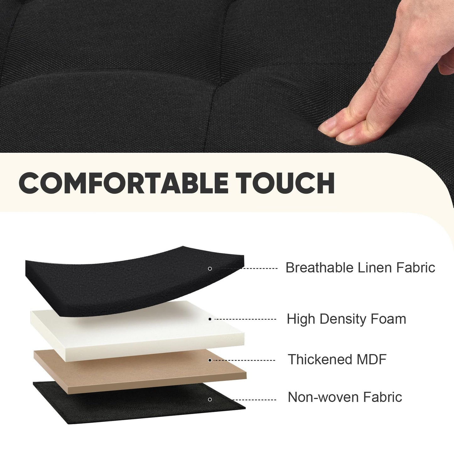 PINPLUS Linen Ottoman Storage Box with Lid, 42x32x32 cm, Black