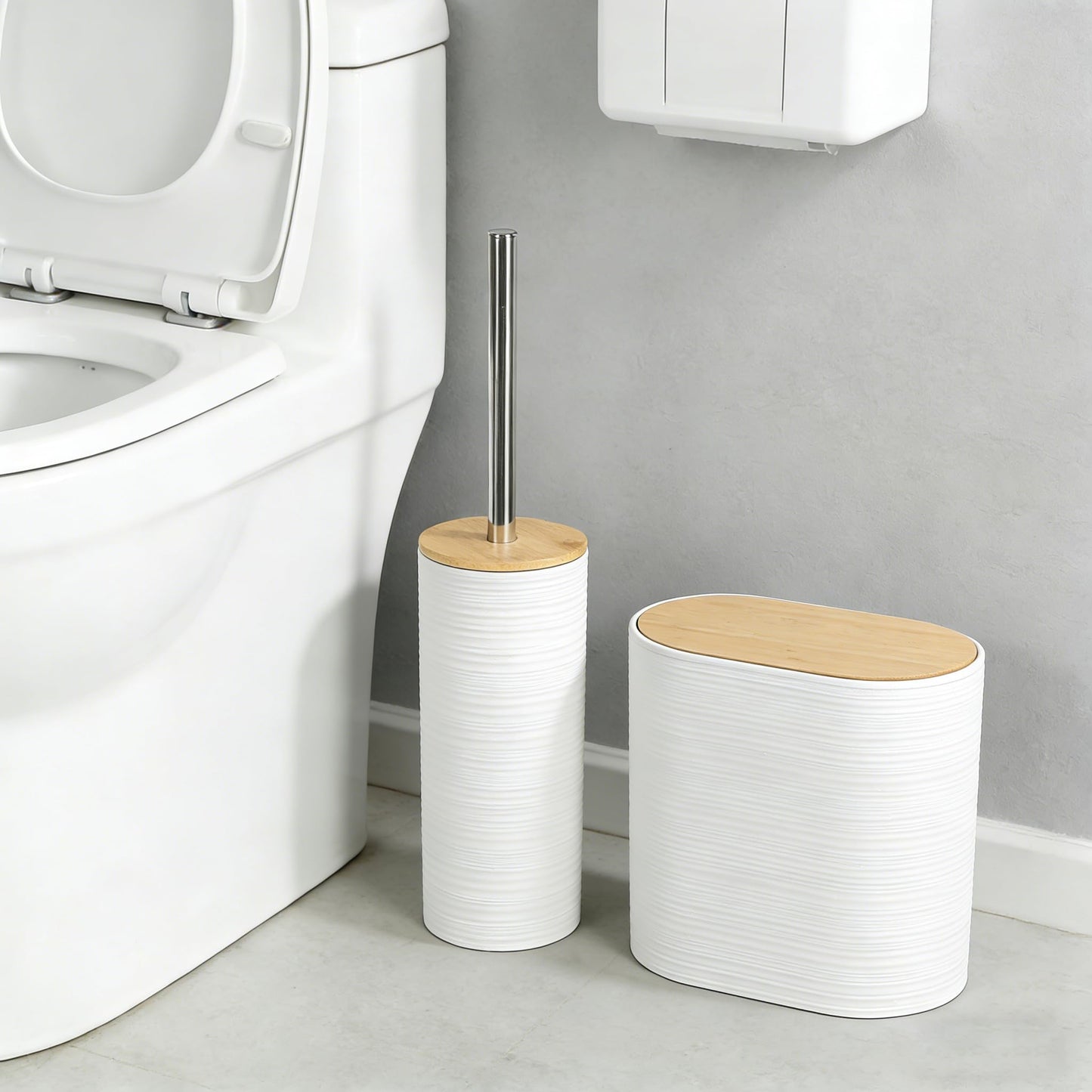 JETAINE Bathroom Accessories Set 8 Pieces, Bamboo Bathroom set Accessory, Luxury Toilet Accessories set w/Trash Can, Toilet Brush, Soap Dispenser