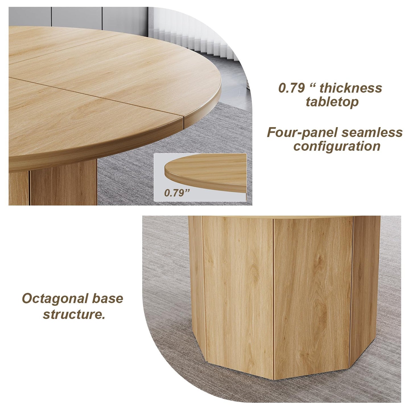 HSH Wooden Round Dining Table for 4, Modern Farmhouse Wood Dinner Table with Octagon Pedestal Base, Circular Kitchen Dining Room Table for Home