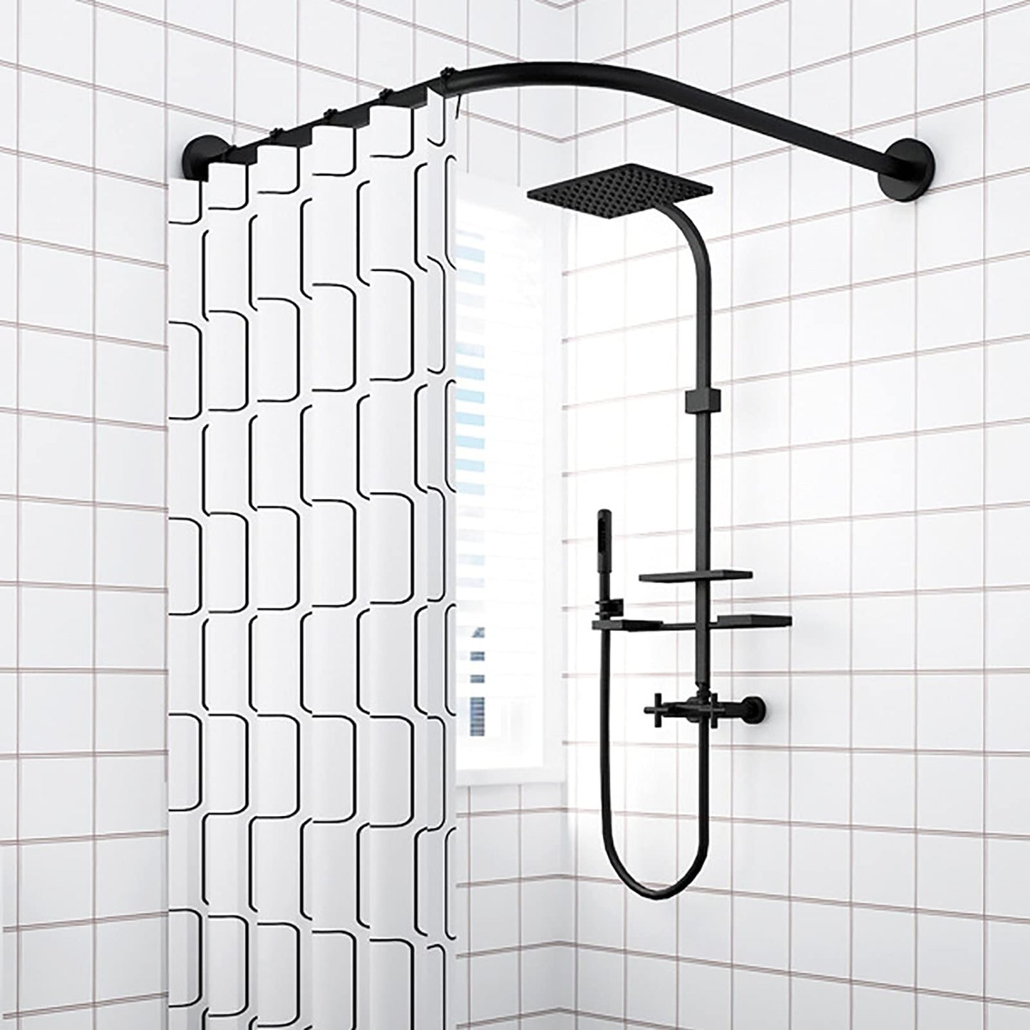BACEYIOVE L-Shaped Shower Curtain Rail, Stainless Steel Extendable Shower Pole, No Drill, Adjustable Curved Shower Rail, Black