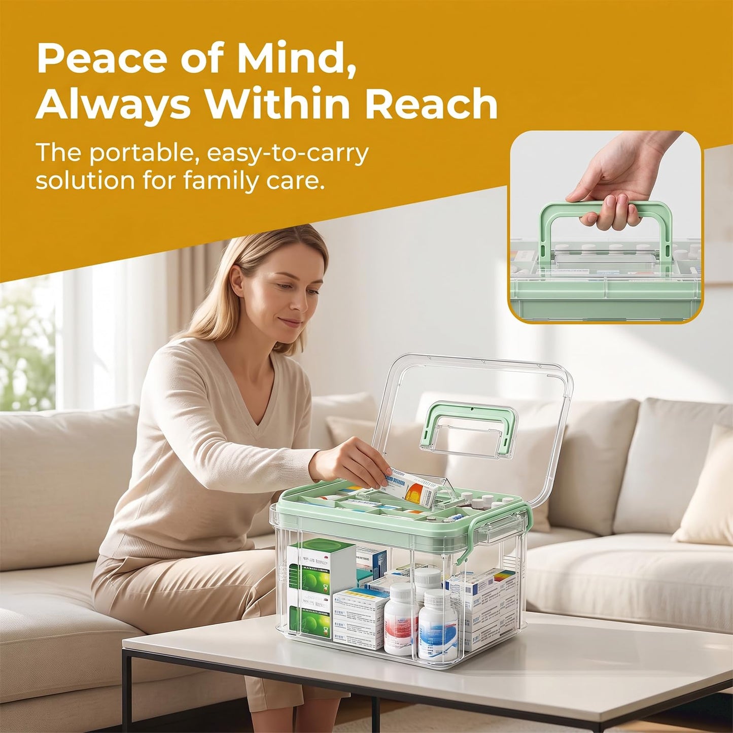 Small Medicine Storage Box, 2 Layer First Aid Box Organizer with Smooth Top Handle and Removable Tray Partitioned