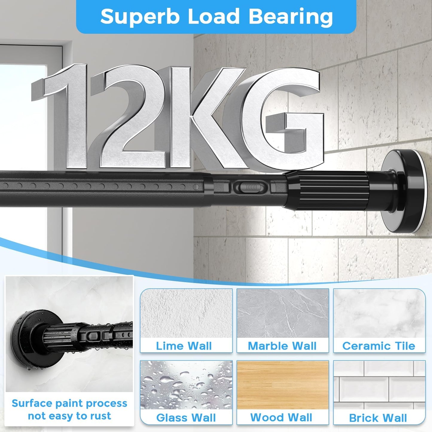 Heavy Duty Extendable Shower Curtain Pole 104-372cm Black No Drill