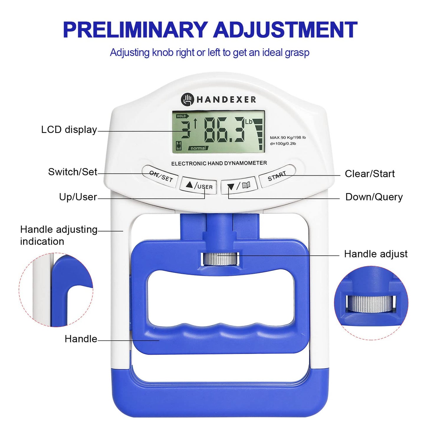 Handexer Training Grip Strengtheners Digital Hand Dynamometer Grip Strength Measurement Meter Auto Capturing Electronic Hand Grip Power 198Lbs / 90Kgs