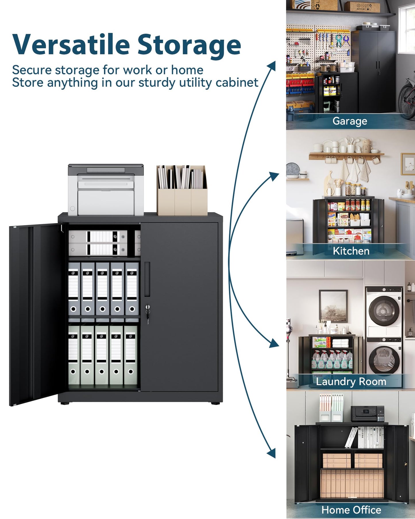 HOMSTEEL Metal Storage Cabinet, Locking Garage Cabinet, 3-Tier Office Cabinet with Adjustable Shelves, Cupboards for Office, Garage and Utility Room