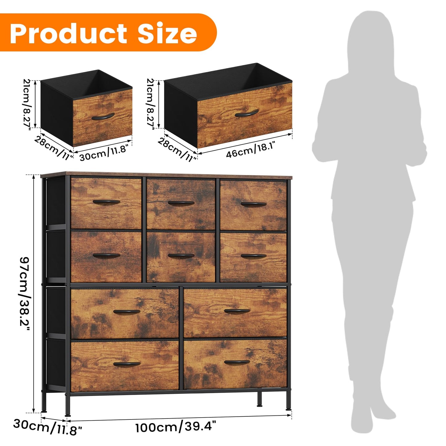 GoaHi Chest of Drawers, Large Dressers with Metal Frame and MDF Wooden Top Board, Adjustable Feet, Anti-Tip Safety