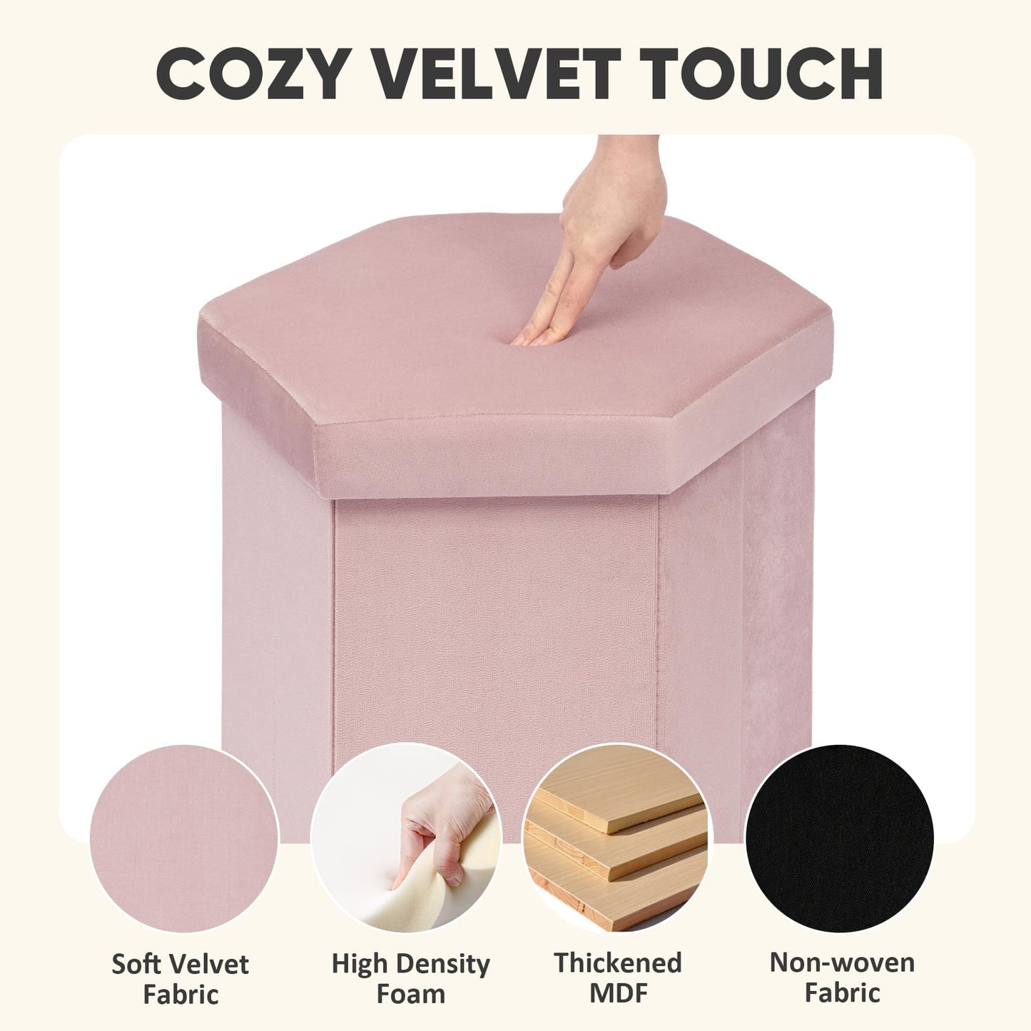 PINPLUS Hexagonal Storage Ottoman, Velvet Foldable Footstool, Pink