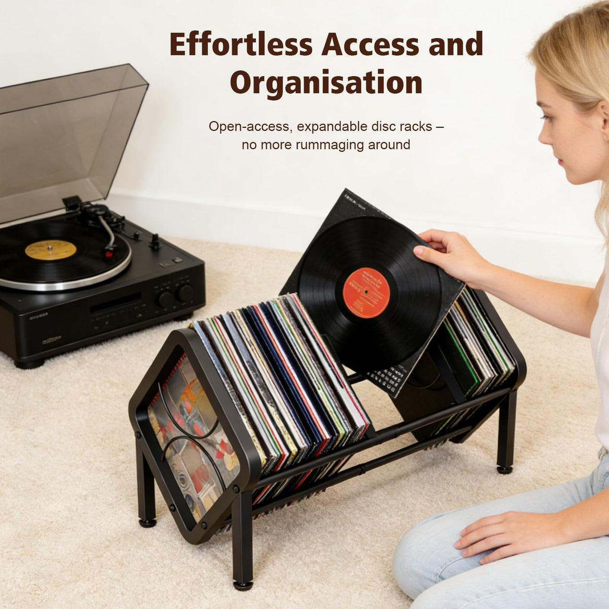 Expandable Vinyl Record Storage Rack, Holds 40-60 LPs, Easy Assembly