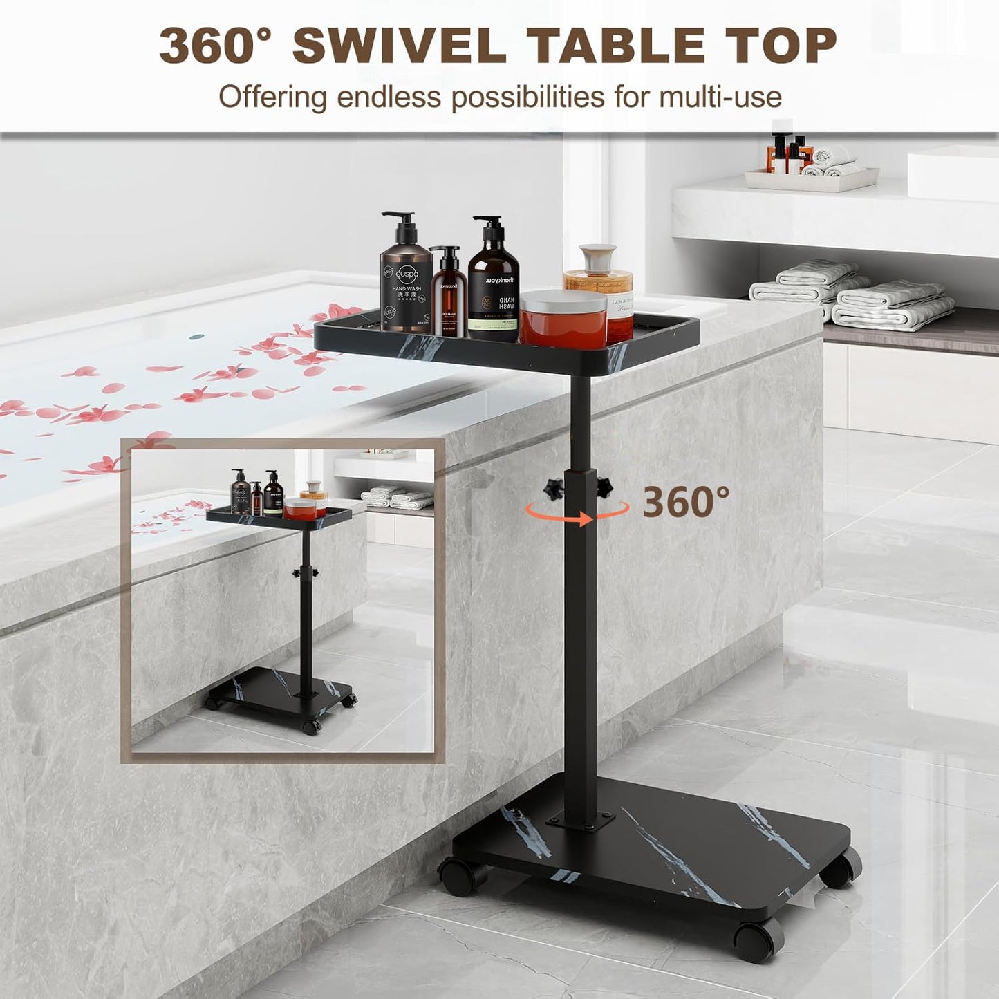 YYW Adjustable C Shaped Side Table with Wheels for Sofa, Marble Black White