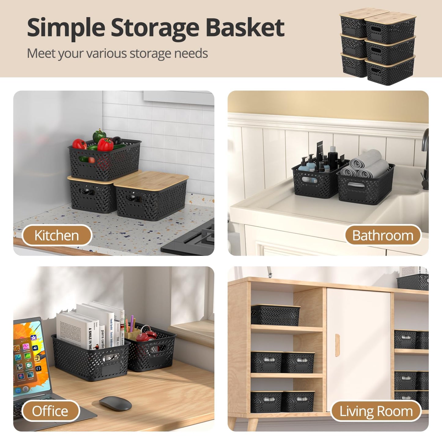 HapiLeap Plastic Storage Baskets With Bamboo Lid, Stackable Plastic Storage Boxes for Organizing Pantry Shelves Drawers Desktop Closet Playroom