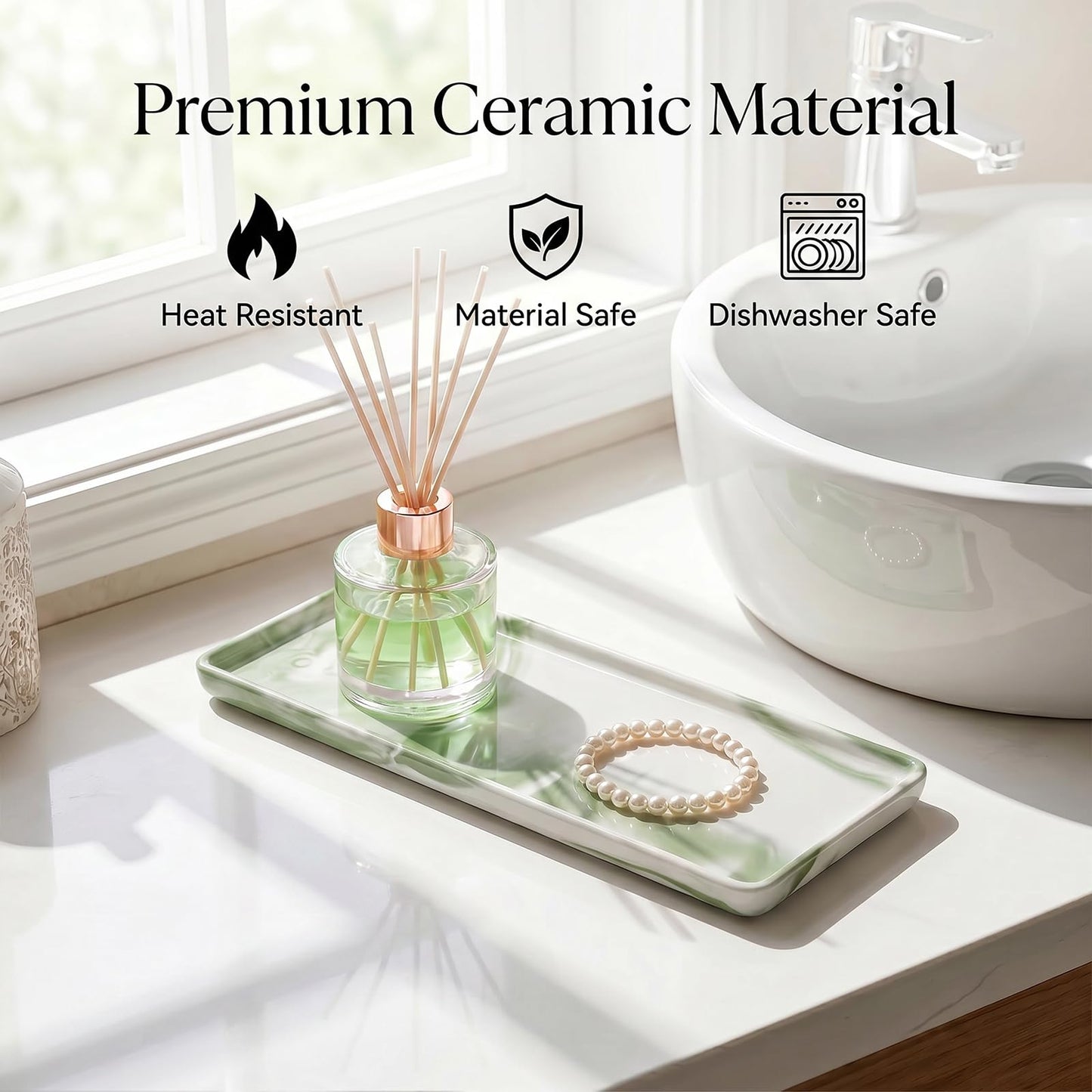Green Marble Pattern Ceramic Vanity Tray,20.5x9.5x1.2cm Perfume & Jewelry Dish,Rectangular Countertop Organiser for Bathroom,Vanity