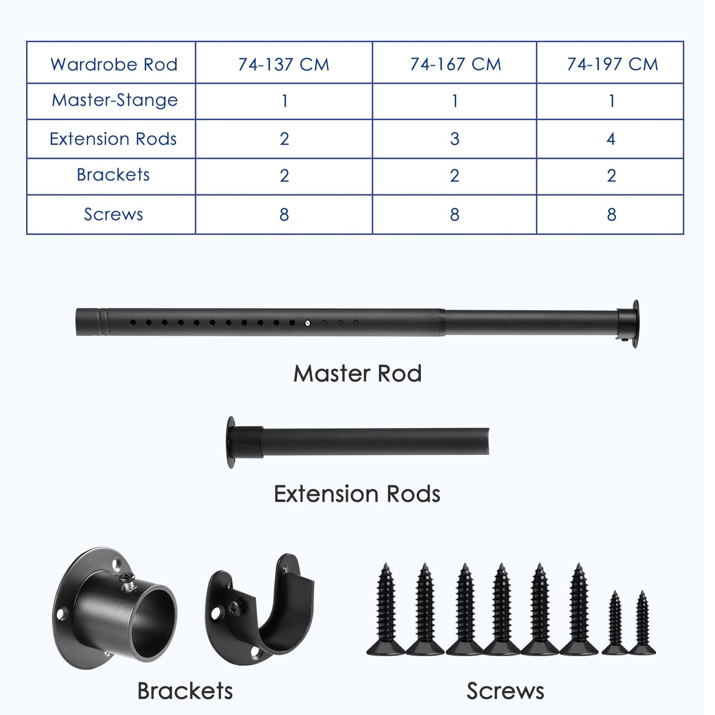 Tiemlet Wardrobe Rods, Black Heavy Duty Extendable Rail, 74-130CM Adjustable Hanging Rail for Wardrobe, Balcony and Clothing Hanging (32MM)